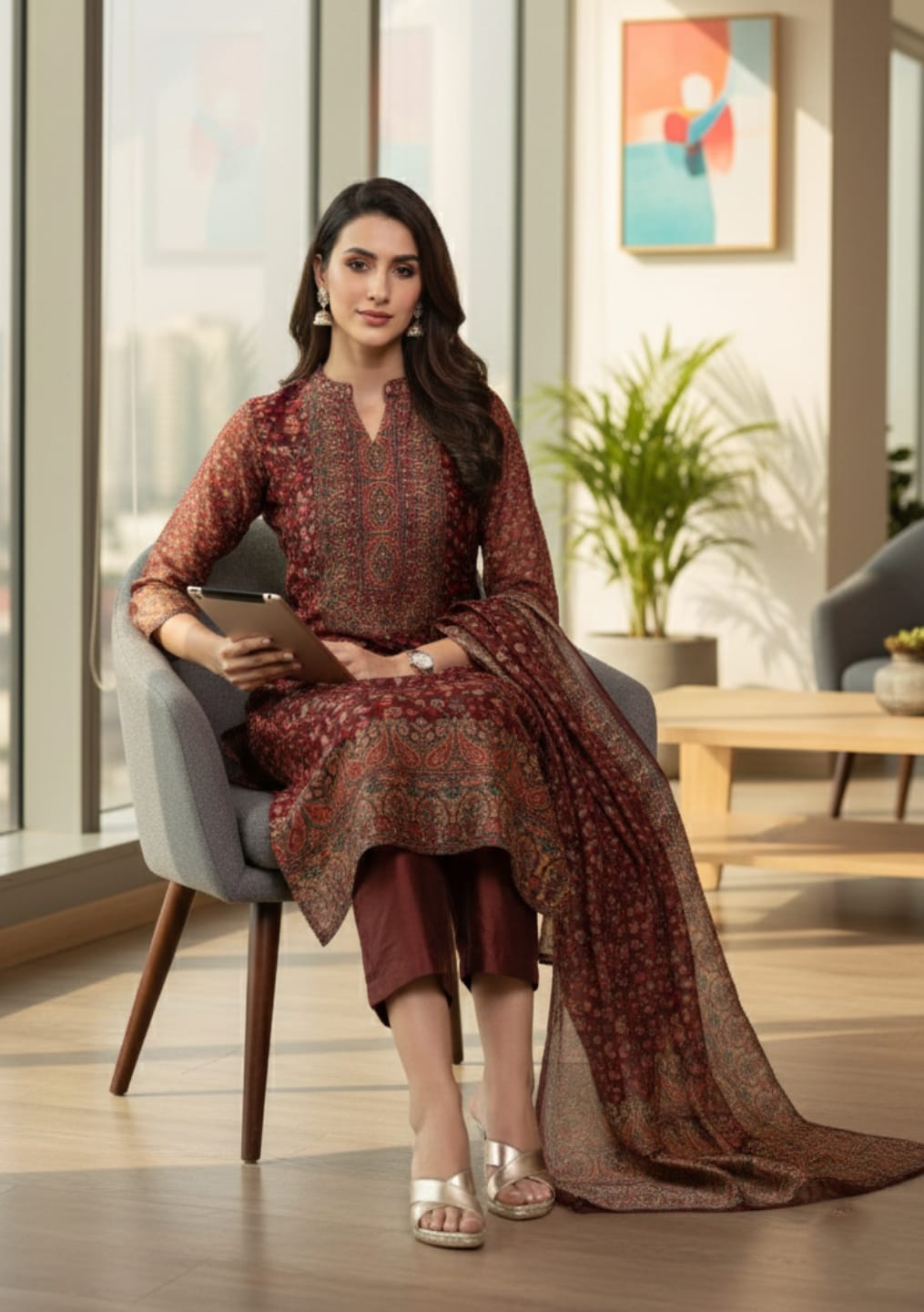 Varanga Women Brown Printed Straight Kurta Paired With Solid Bottom And Printed Dupatta