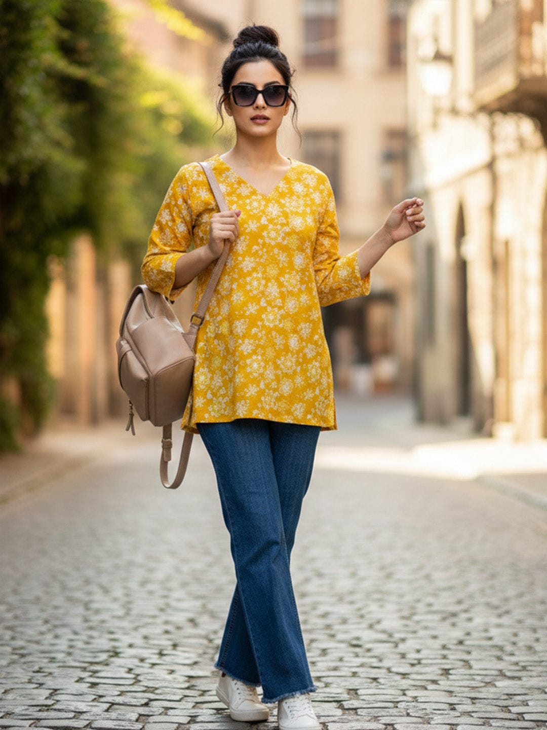 The Kurti Collection Women's Mustard Yellow Floral Print Tunic with V-Neck