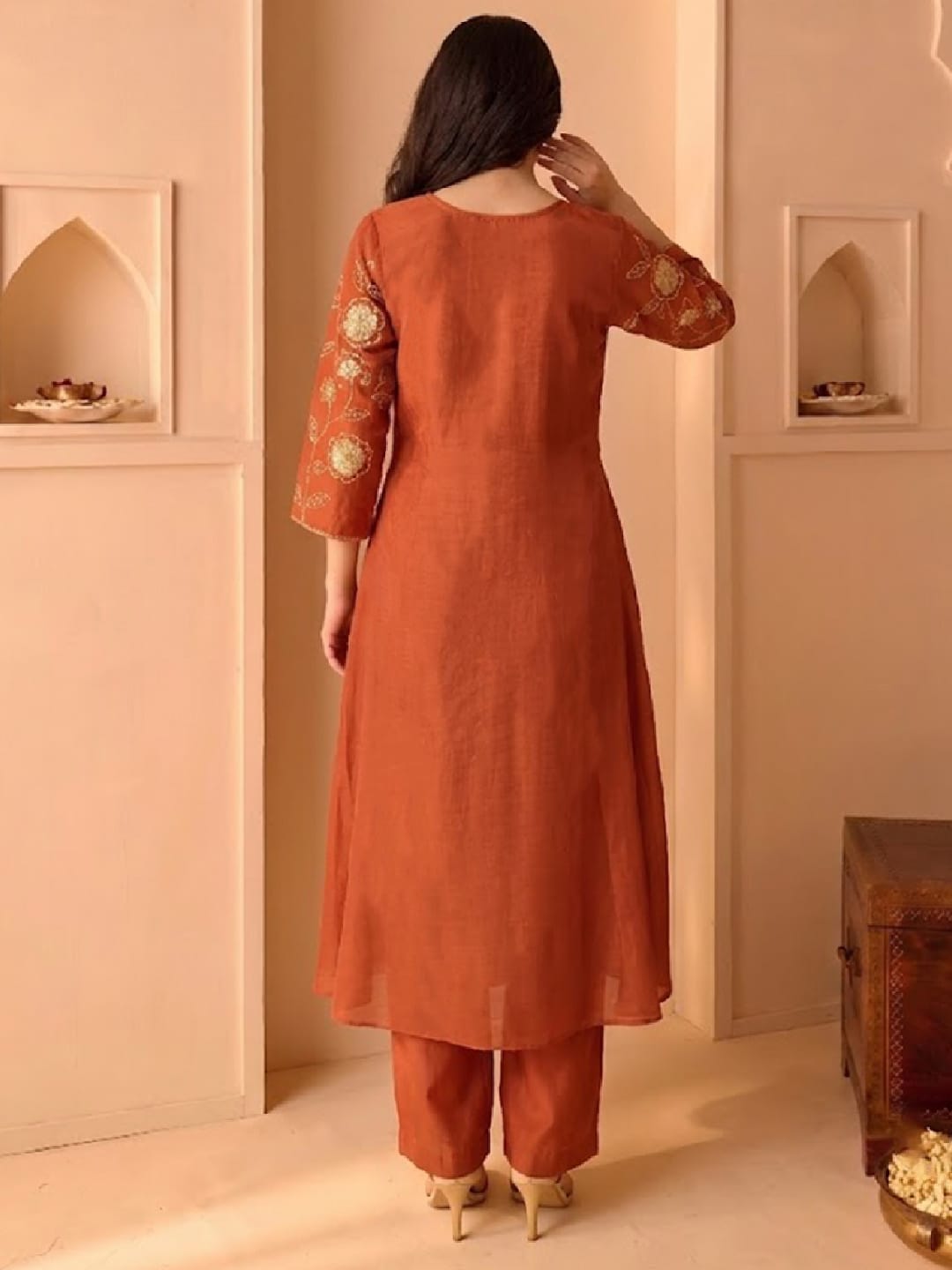 Rust Embroidered Shimmer Kurta Set With Embroidered Dupatta