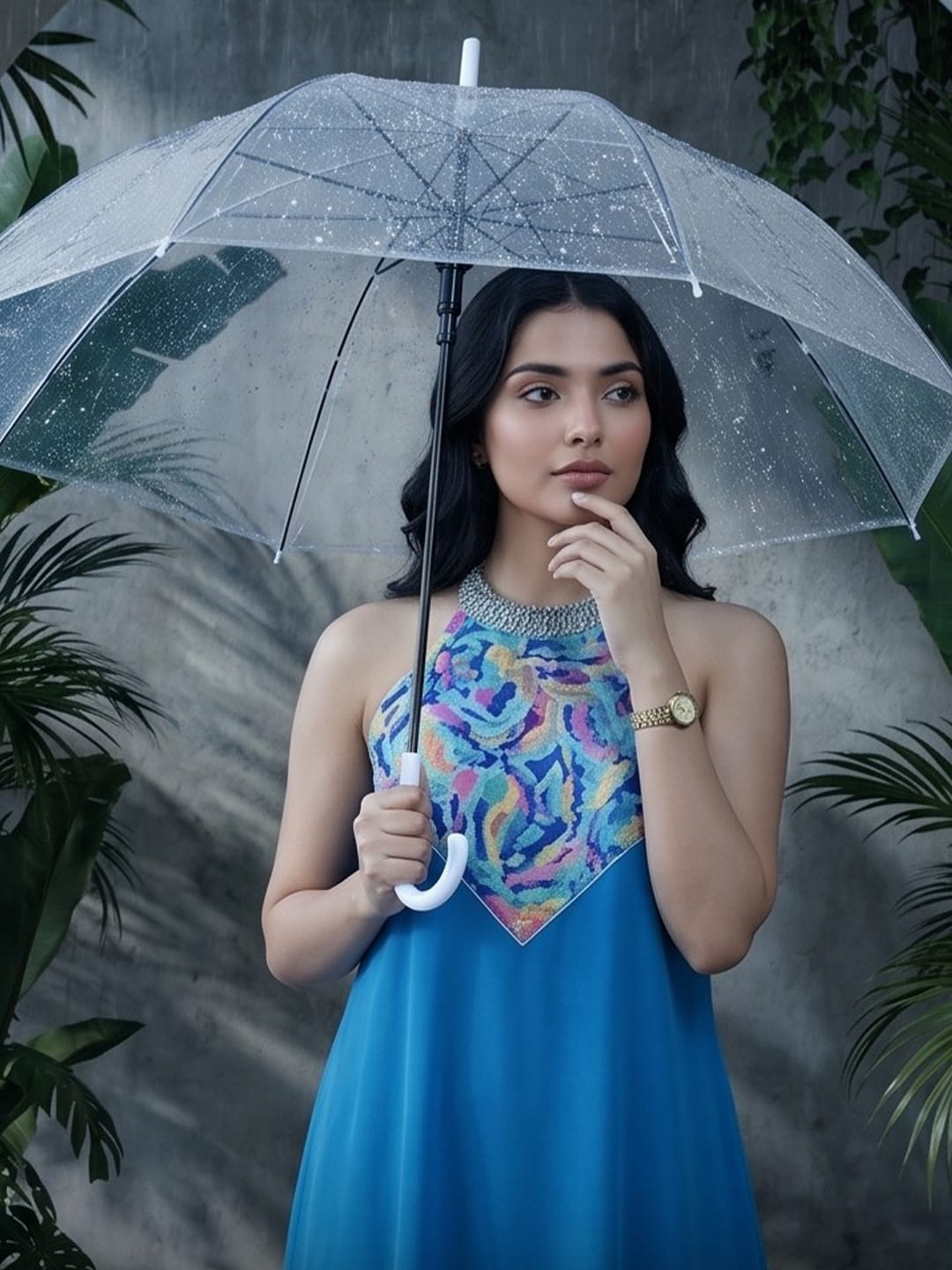 The Kurti Collection Women Halter Neck Blue Sleeveless Flared Kurta Paired With Tonal Bottom