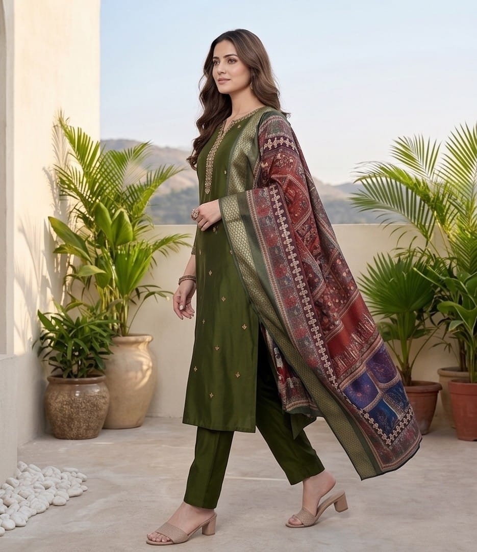 Varanga Women Olive Green Round Neck Kurta With Tonal Bottom & Printed Dupatta