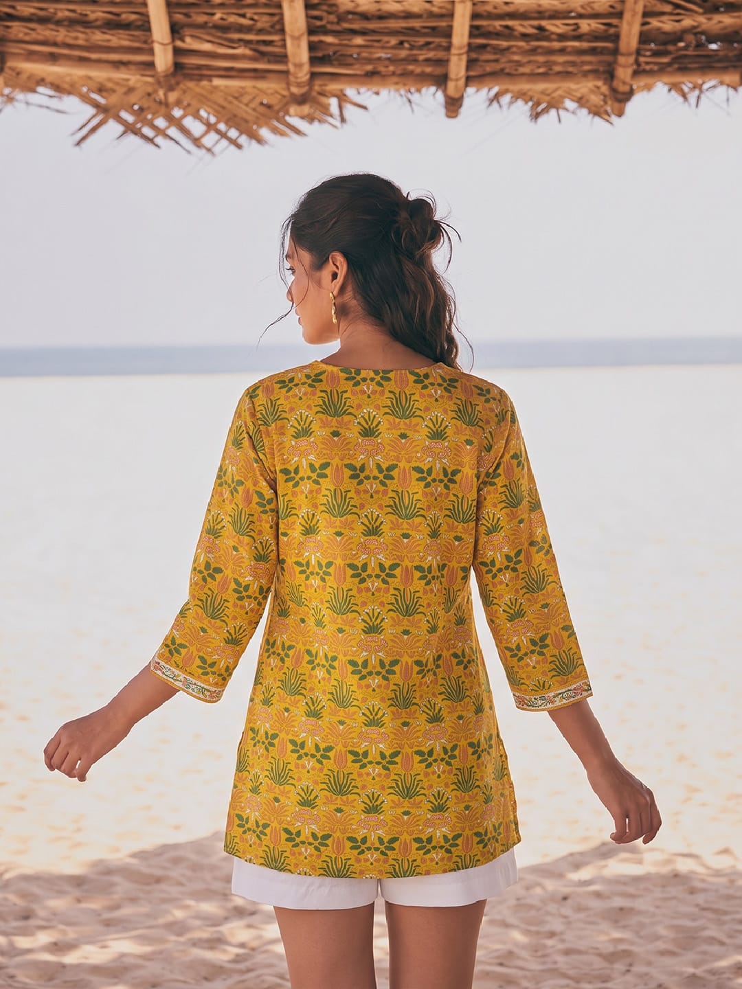 Mustard Yellow Botanical Print Notch-Neck Short Kurta
