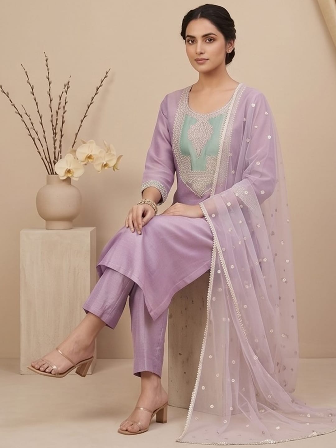 Varanga Women Shimmer Kurta Set With A Sequin-Detailed Net Dupatta