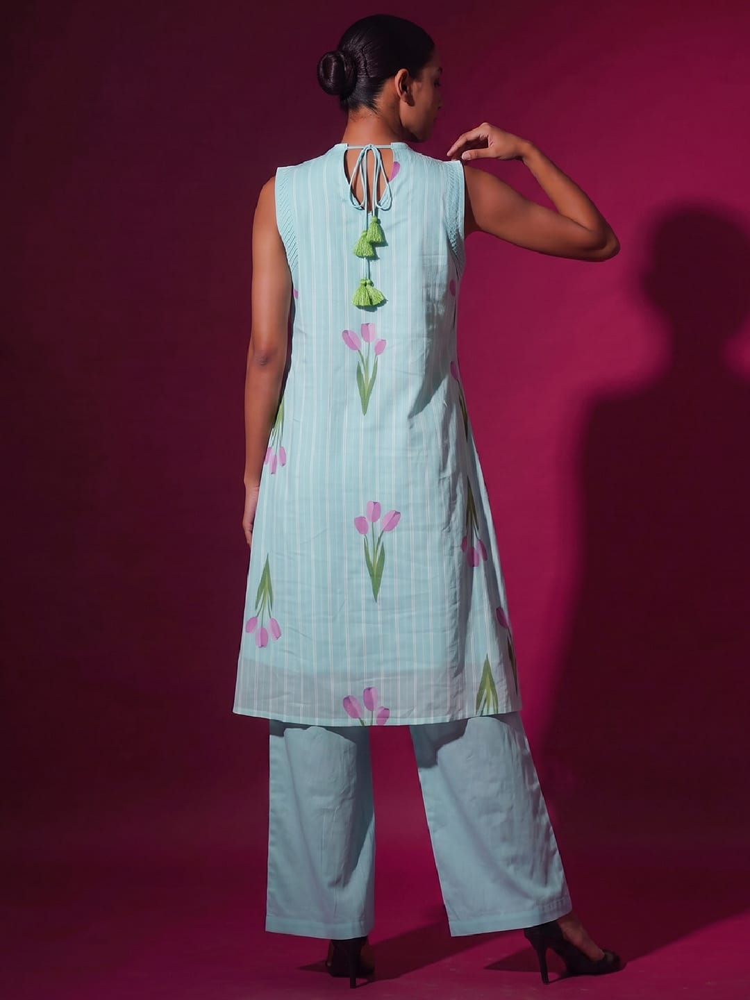 Sky Blue Tulip Print Halter Neck Kurta Set With Wide-Leg Trousers