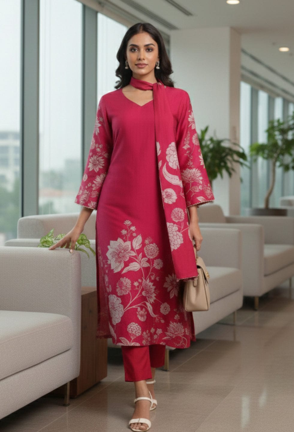The Kurti Collection Women Fuchsia Pink Floral Printed Gota Detail Flared Sleeve Kurta With Solid Trouser
