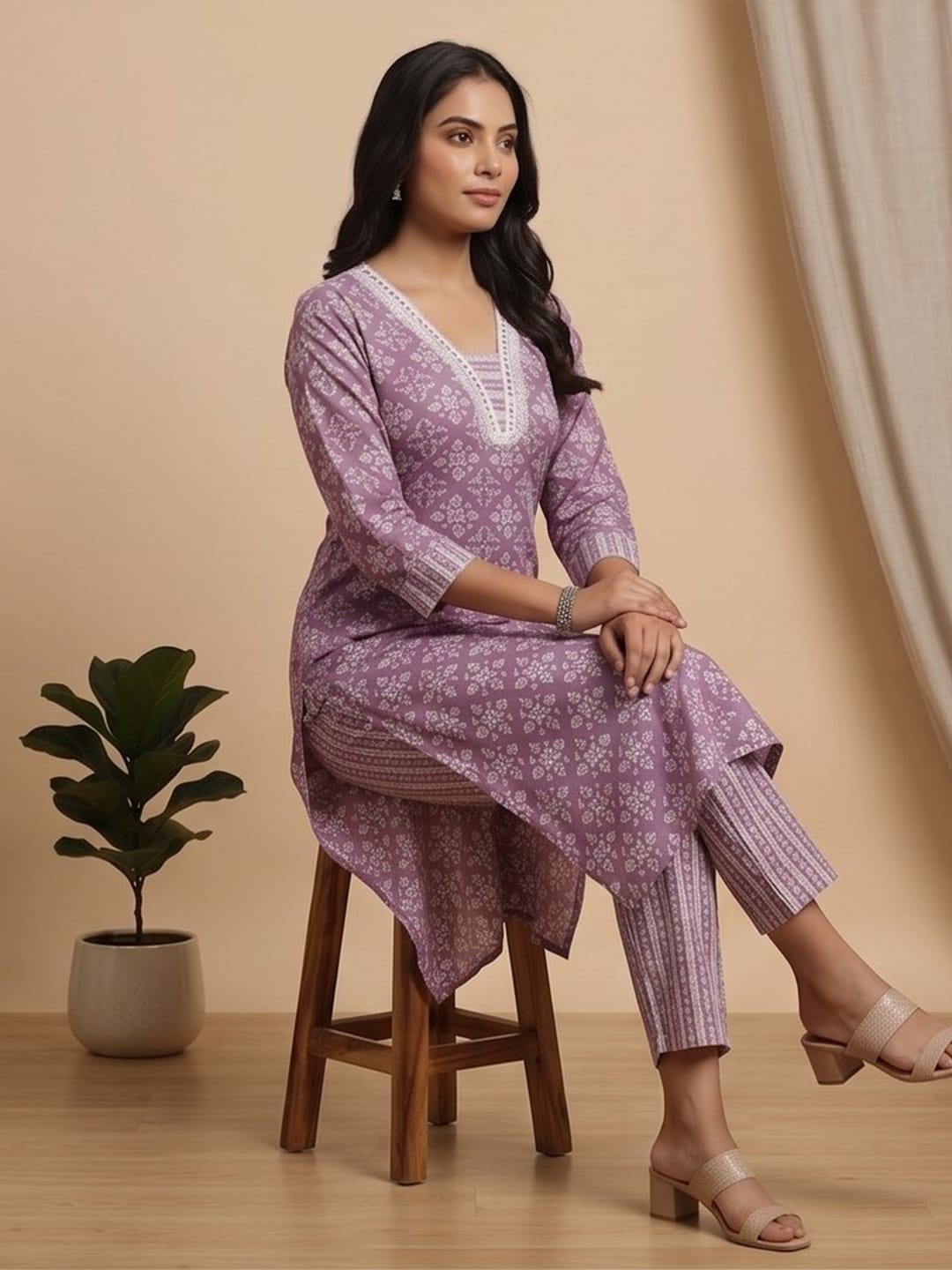 The Kurti Collection Women Floral Printed V Neck Kurta with Trouser & Dupatta
