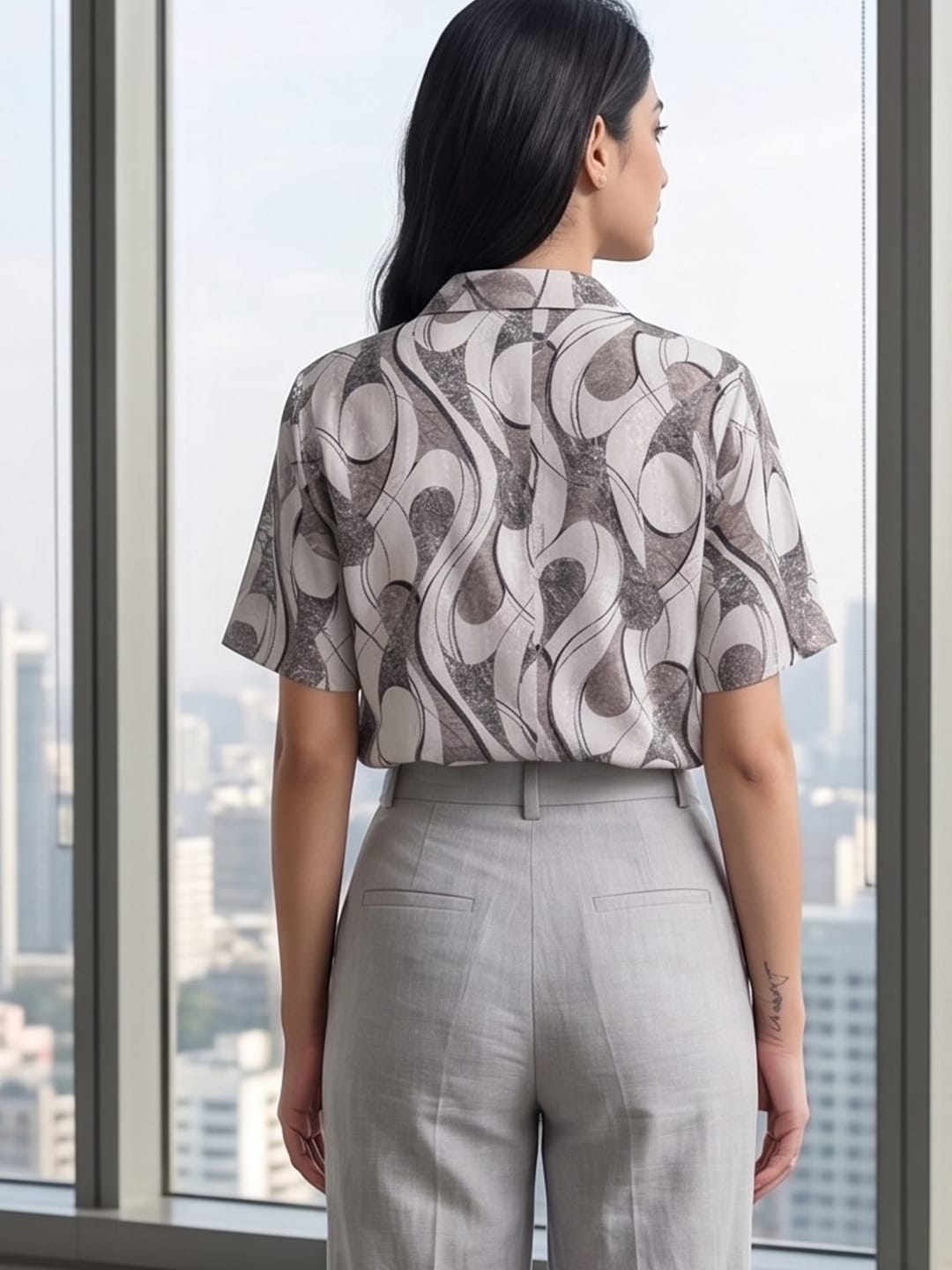 Grey Coloured Short Sleeves Shirt Collar Top
