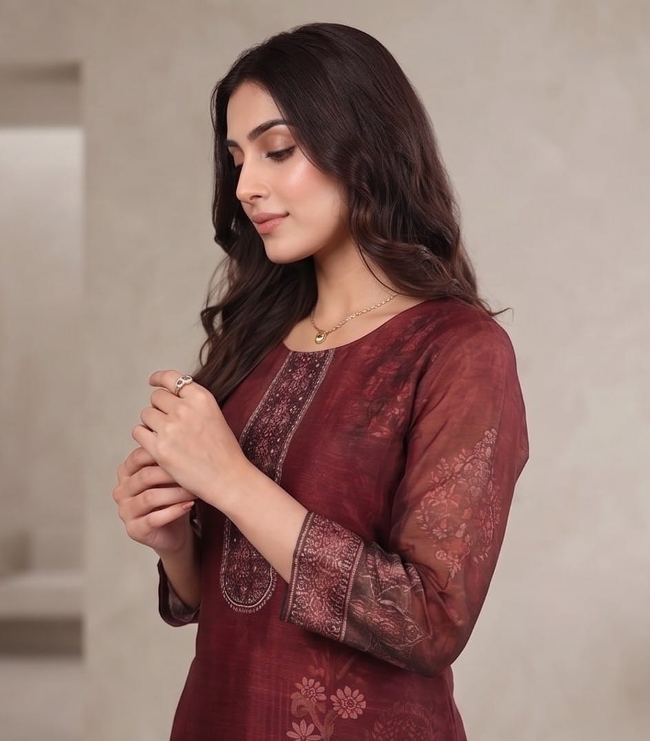The Kurti Collection Women Maroon Floral Printed Kurta Paired With Bottom & Dupatta
