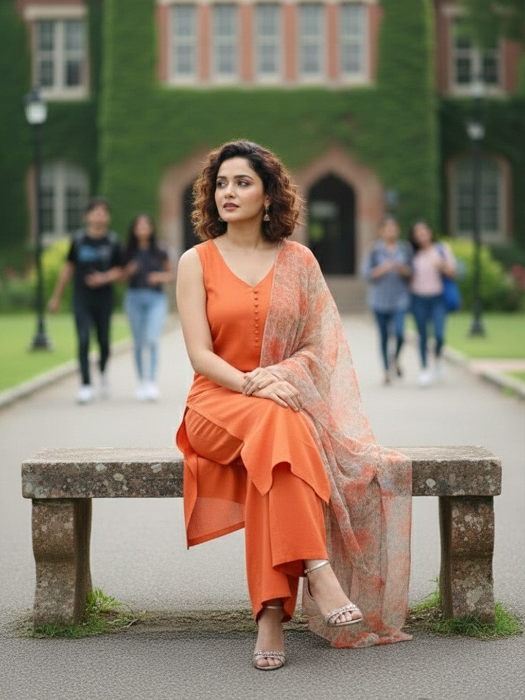 Sleeveless Orange Kurta with Floral Dupatta and Pants