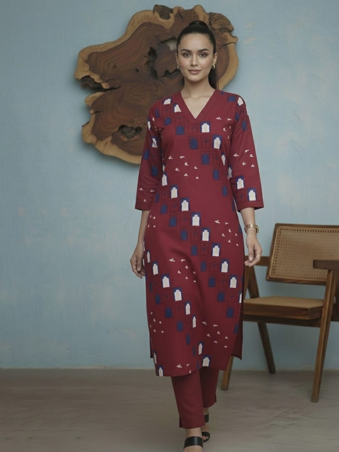 Printed Rust Red Kurta Set