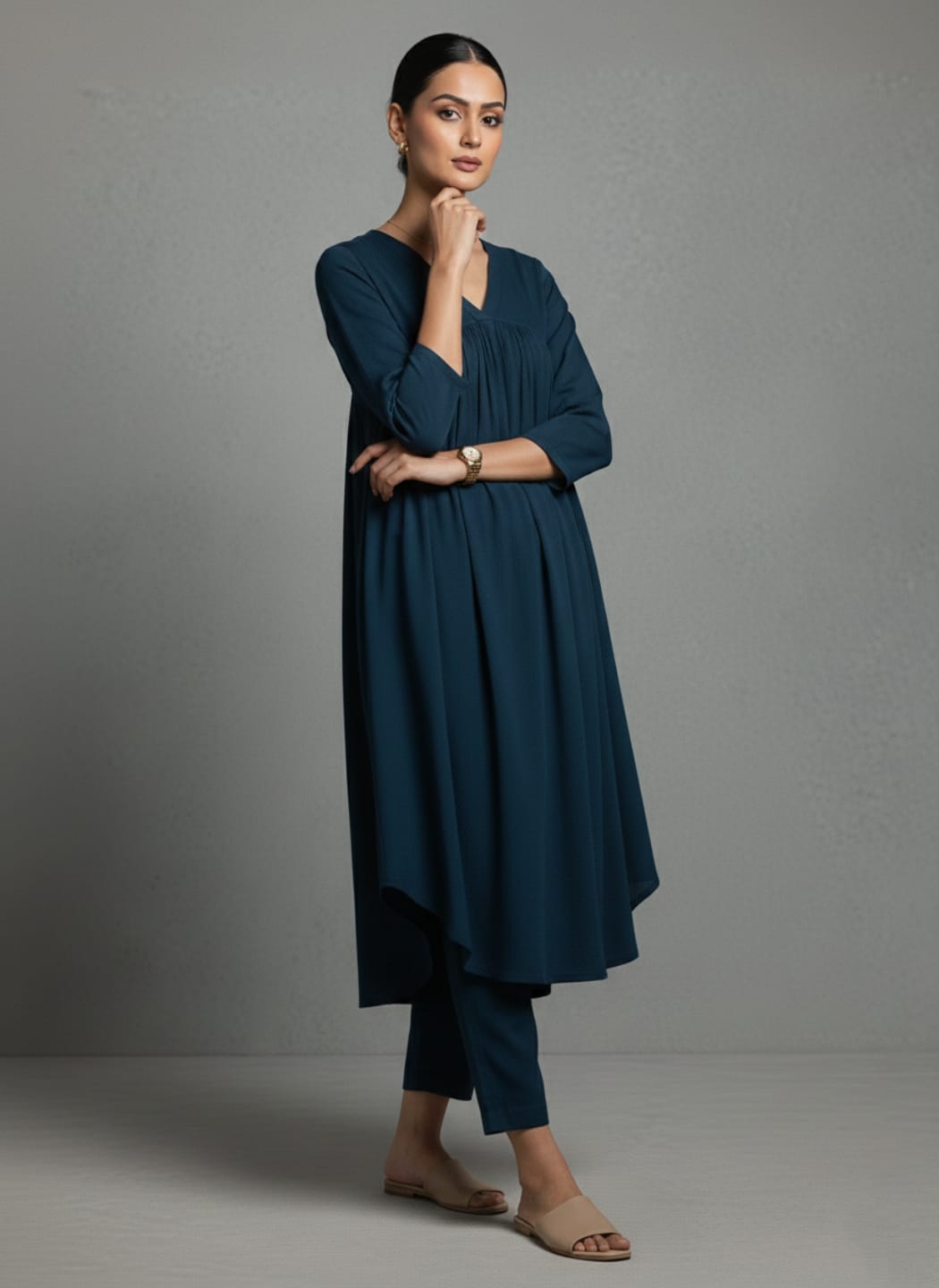 The Kurti Collection Women Teal Empire Gathered Details A-Line Kurta Paired With Tonal Bottom