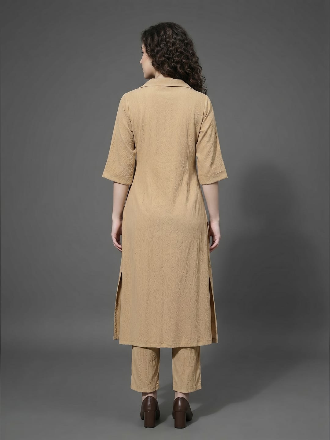 The Kurti Collection Women Mauve Shirt Collar Neck A-Line Kurta Paired With Tonal Bottom