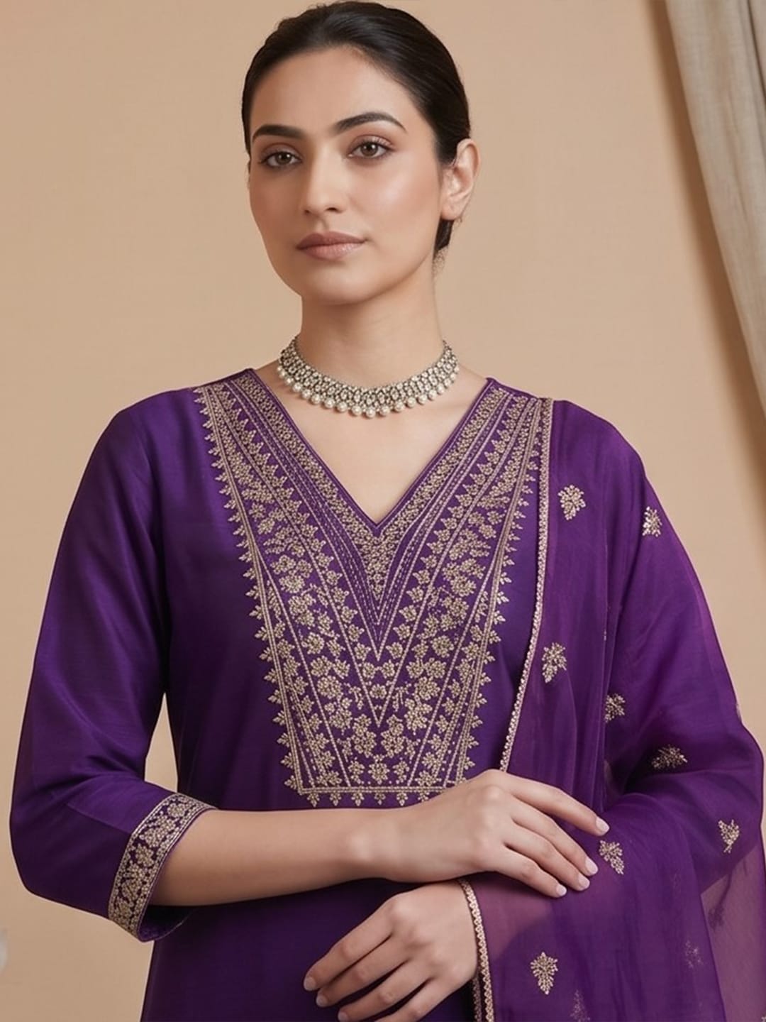 Varanga Women Zari Embroidered Yoke Kurta With Trouser & Sequins Detailed Dupatta