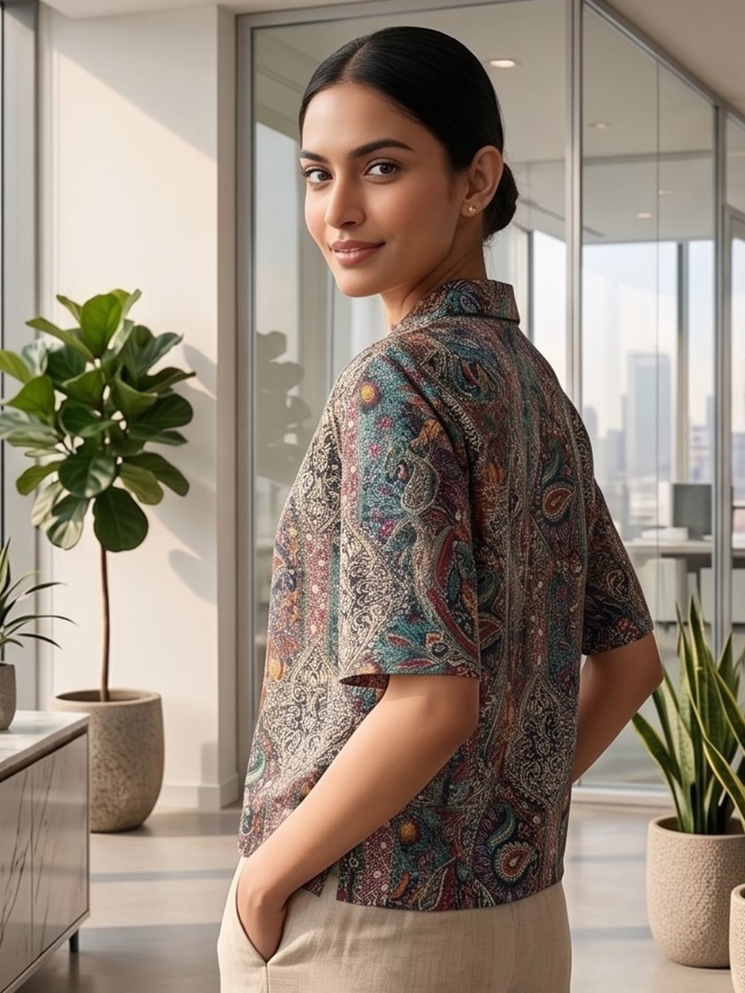 Multi Coloured Short Sleeves Shirt Collar Top