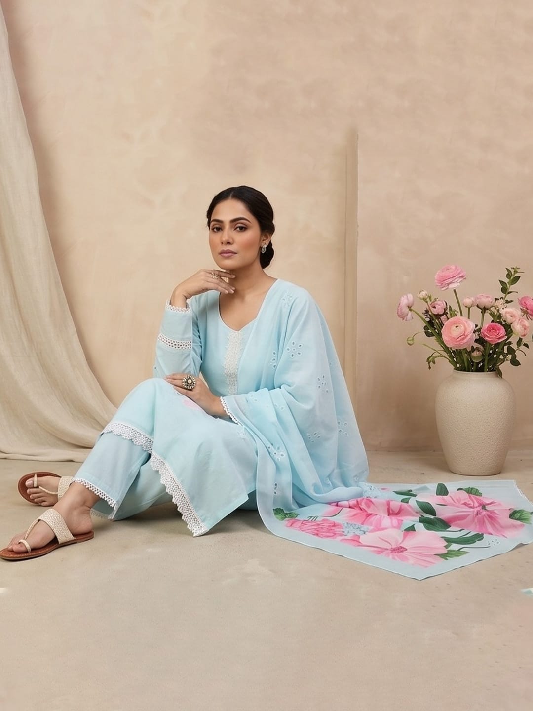 The Kurti Collection Women Sky Blue Straight-Fit Kurta With Printed Dupatta