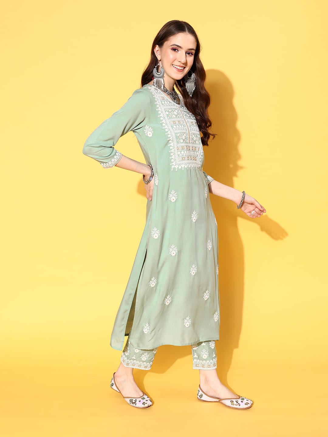 Varanga Women Sea Green Embroidered Kurta Paired With Tonal Trouser And Dupatta