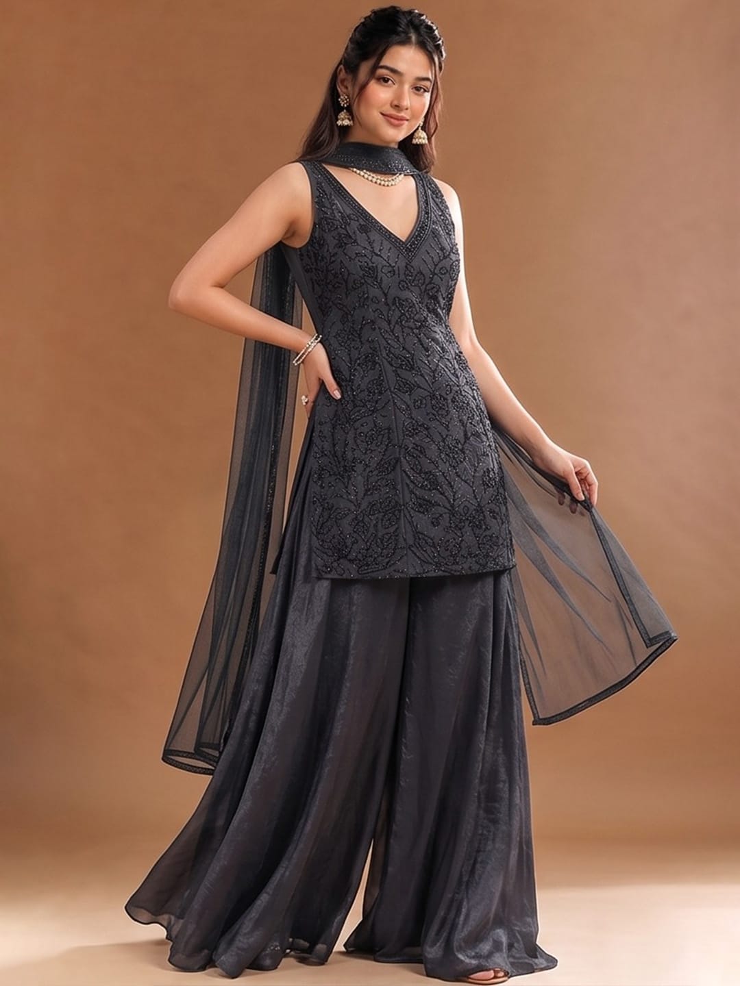 Women's Embroidered Shimmer Short Kurta With Palazzo And Dupatta