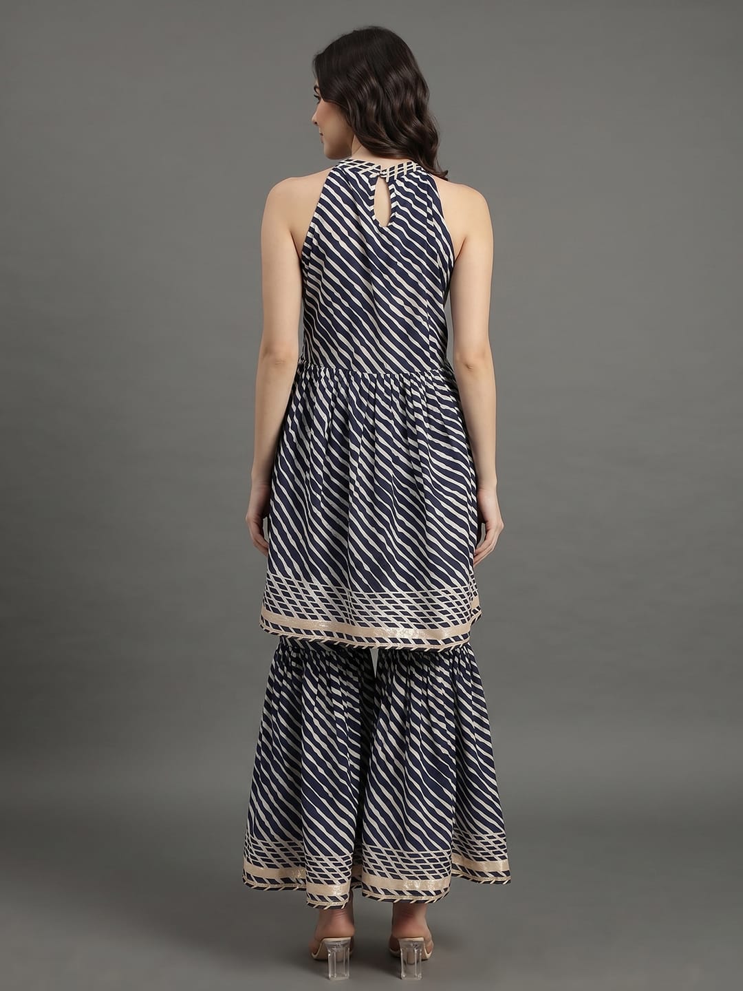 Blue And White Leheriya Halter Neckline Gota Work Kurta With Sharara And Sequins Emebllished Dupatta