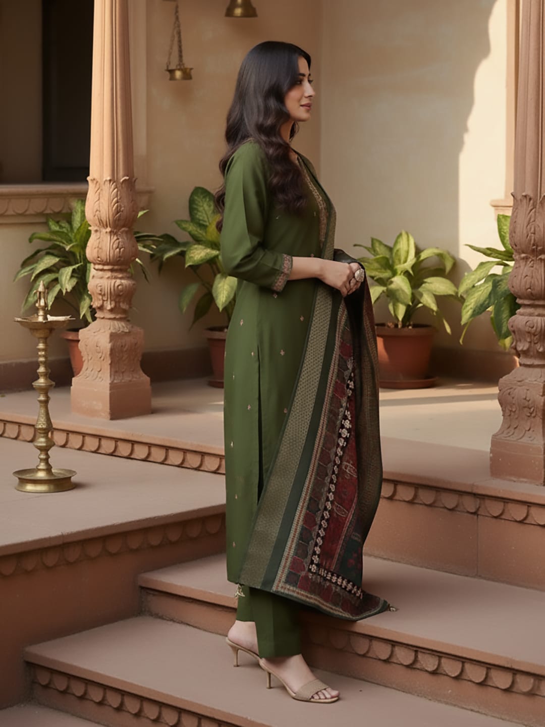 Varanga Women Olive Green Round Neck Placement Embroidered Kurta Paired With Tonal Bottom & Printed Dupatta