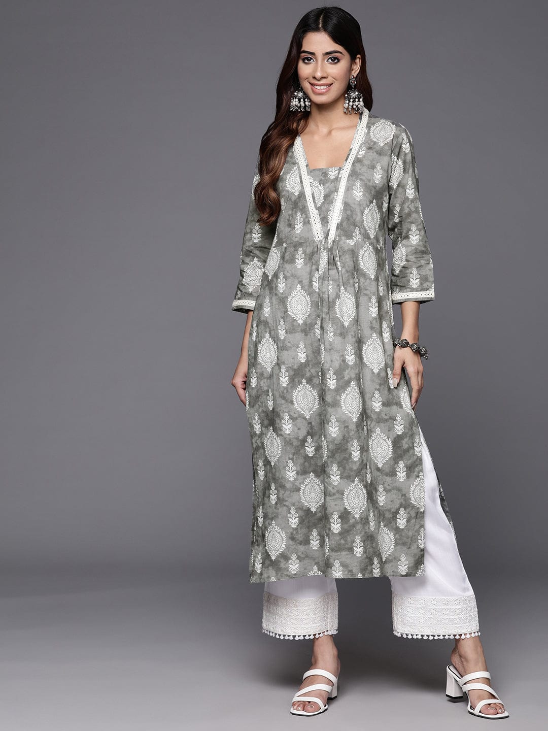 The Kurti Collection Women Grey Printed V-Neck Lace Embellished Straight Kurta