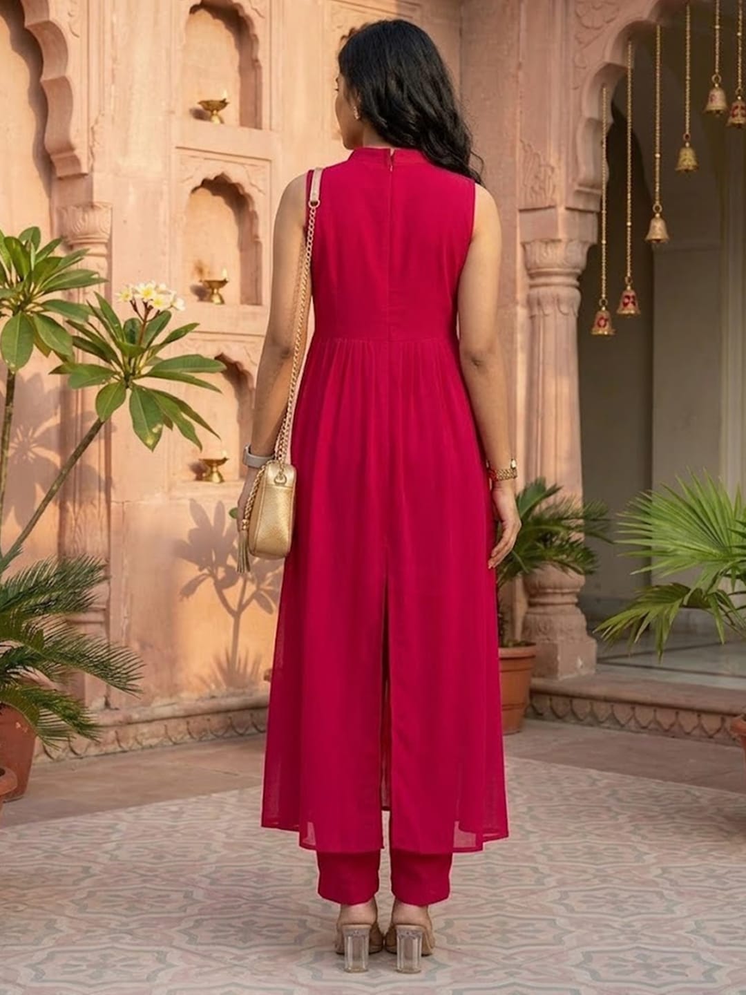 Magenta Sleeveless Fusion Kurta Set with Intricate Bodice Work