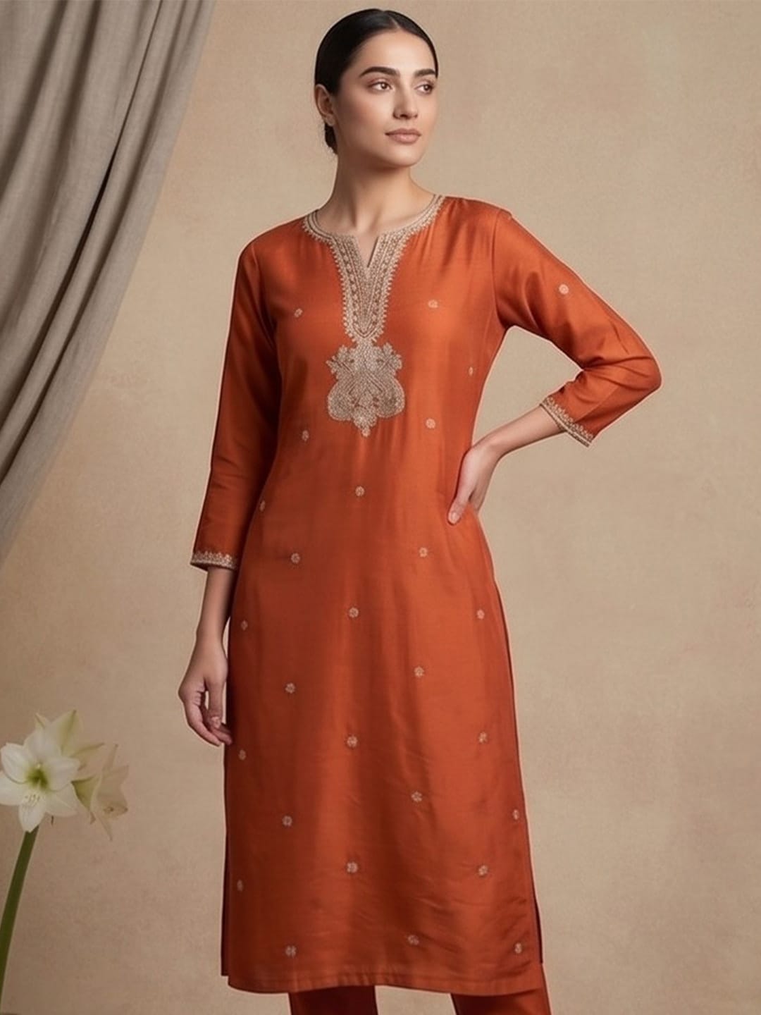 Kurta Set With Intricate Zari Embroidery And Ankle-Length Trousers And An Embroidered Dupatta