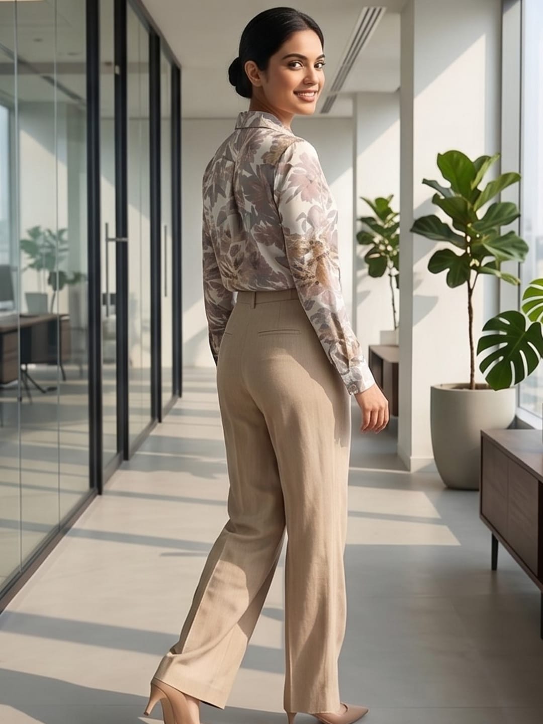 White Coloured Slim Collar Long Sleeves Floral Shirt