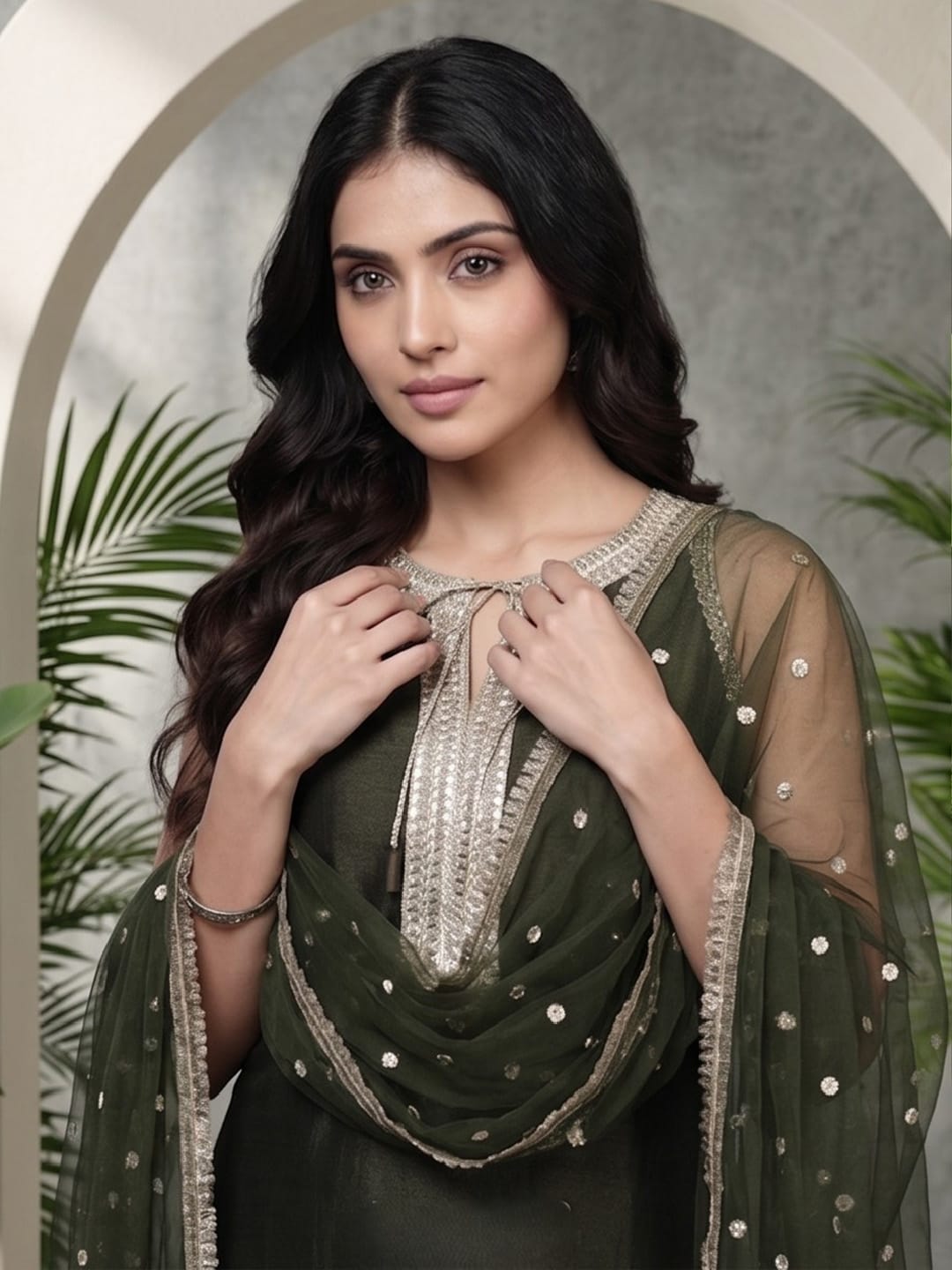 The Kurti Collection Women Olive Green Lace Embellished Sleeveless Straight Kurta Paired With Tonal Plazzo And Dupatta