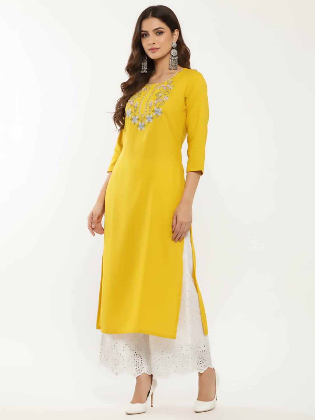 The Kurti Collection Women Mustard Yellow Floral Yoke Embroidered Straight Kurta