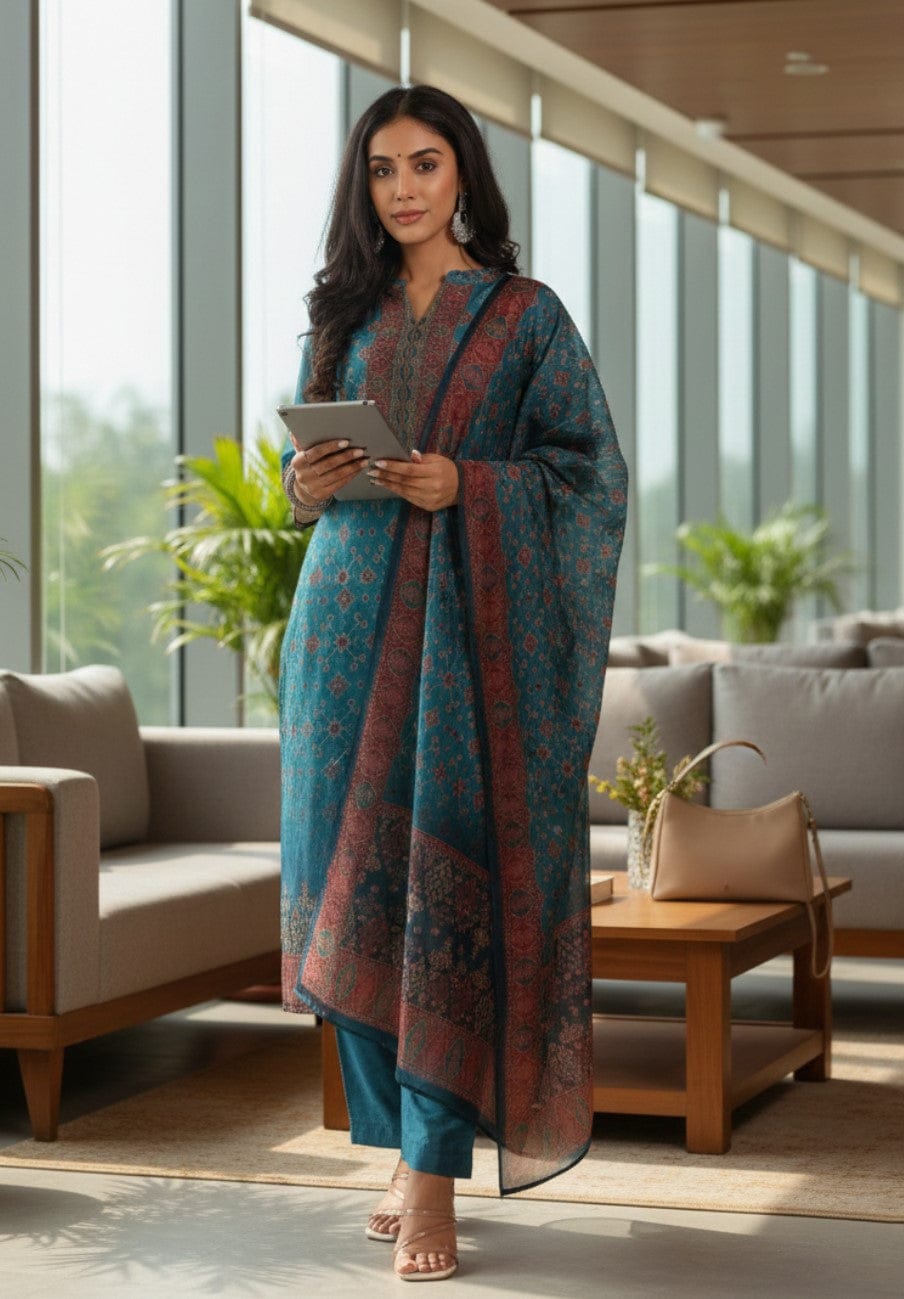The Kurti Collection Women Patola Printed, Teal & Beige Mandrin Collar ,Straight Kurta With Solid Bottom And Printed Dupatta