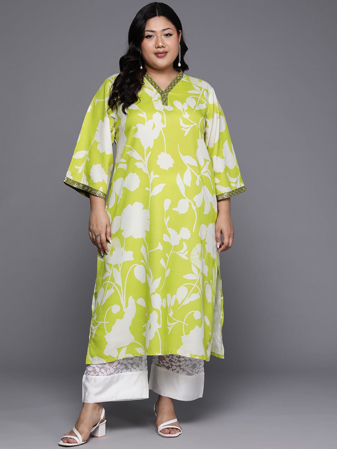 The Kurti Collection Women Plus Size Lime Green Floral Printed Kurta With V Neck And Three Quarter Bell Sleeves Pl24 Vkur1071