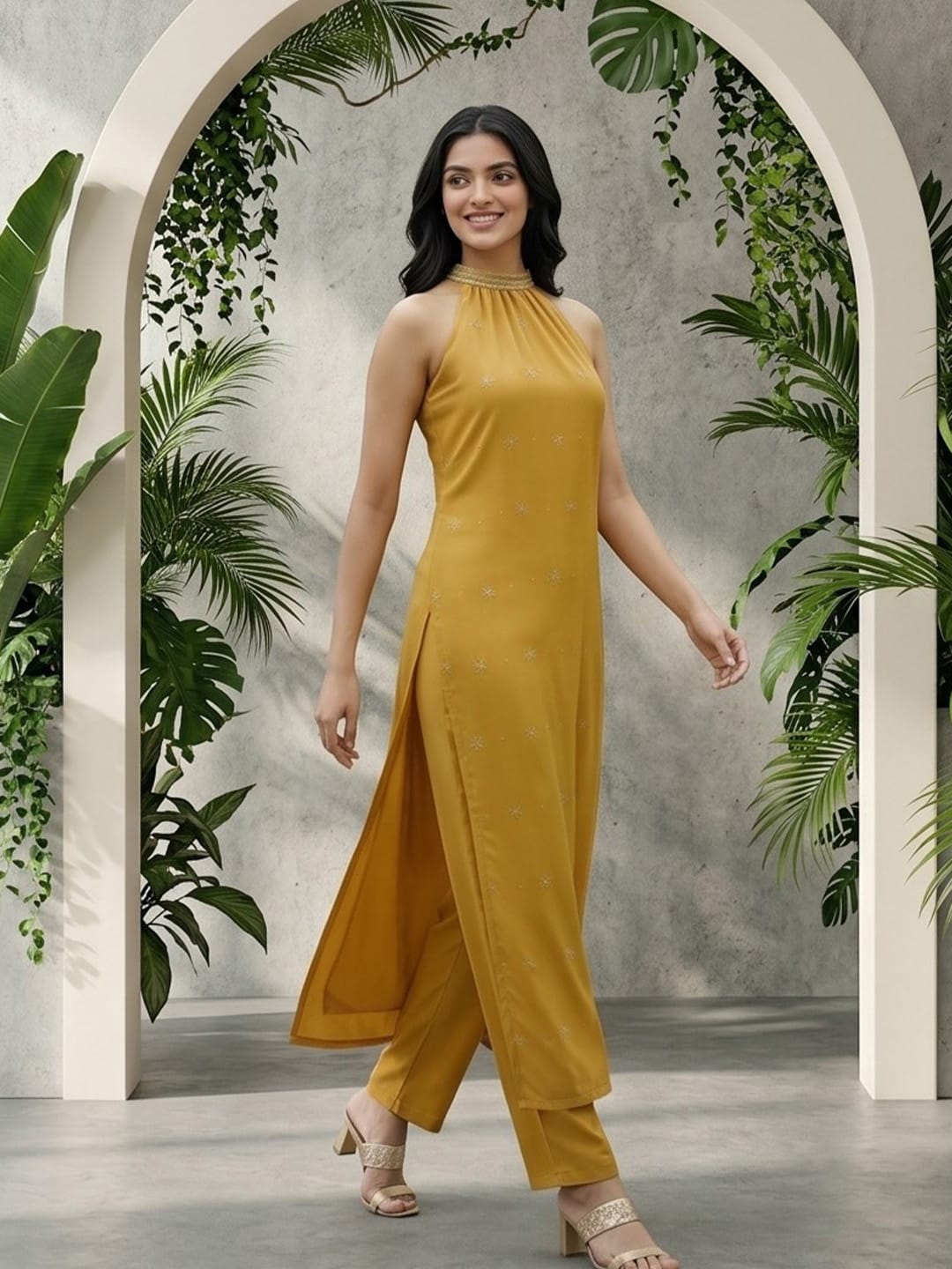 The Kurti Collection Women Mustard Halter Neck Straight Lurex Kurta with trouser