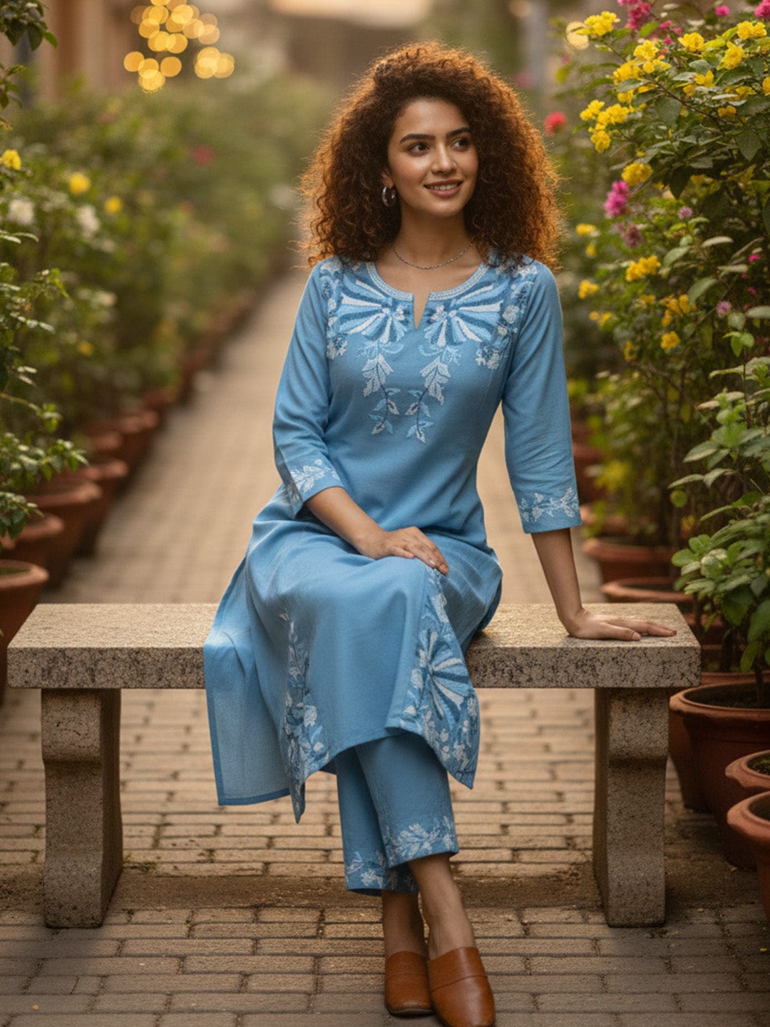 varanga women's ethnic solid skyblue round neck with v notch A line kurta with elegant emb. and 3/4 sleeves.