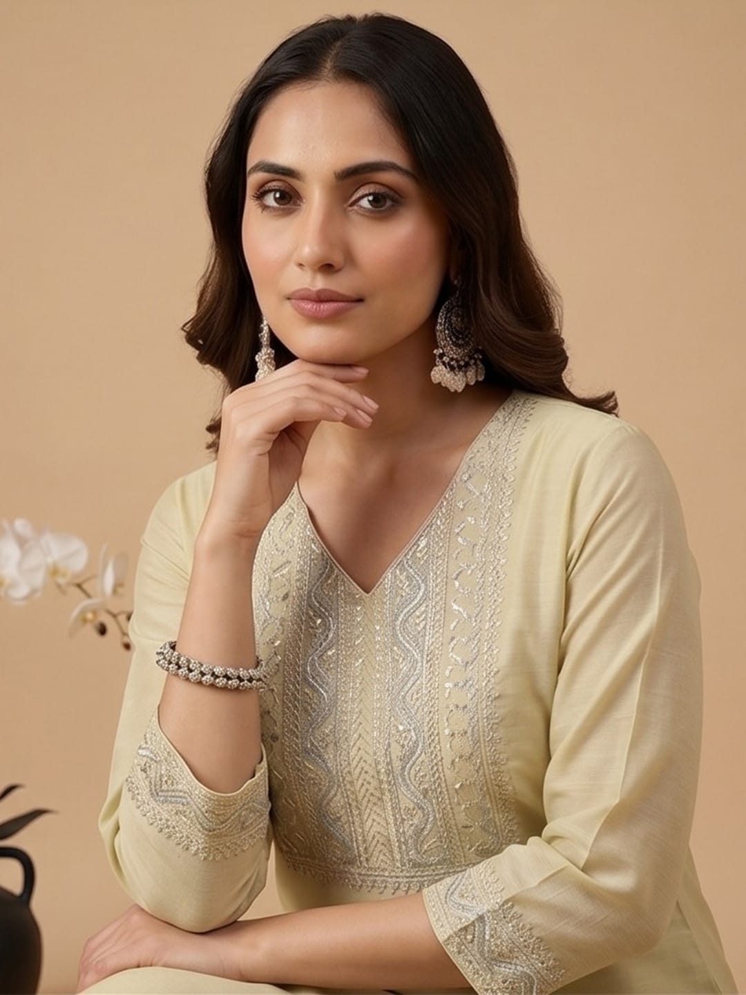 Varanga Women Shimmer Fabric Kurta Set Paired With Tonal Bottom With Sparkling Lurex Dupatta