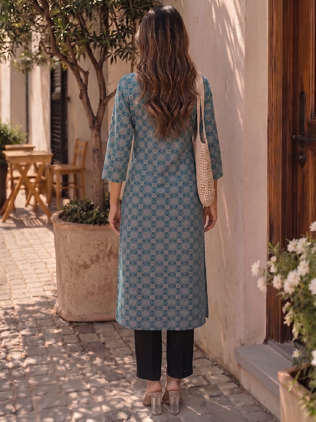 Teal Geometric Print Women's Kurta
