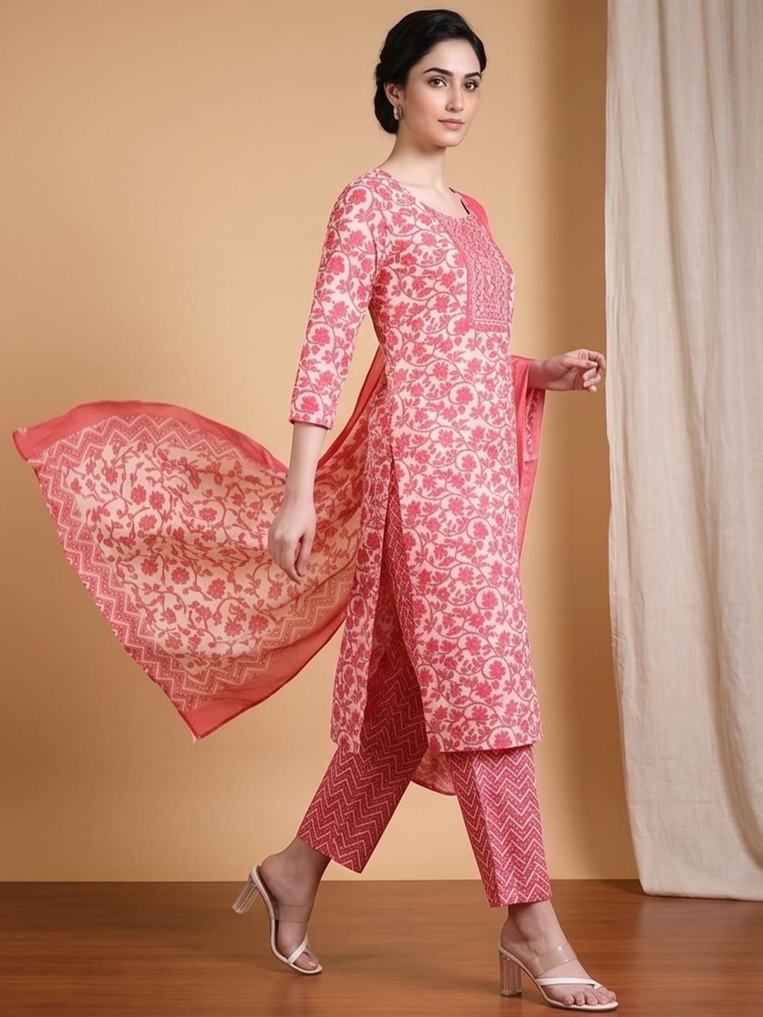 The Kurti Collection Women Ethnic Coral Kurta Set With Dupatta