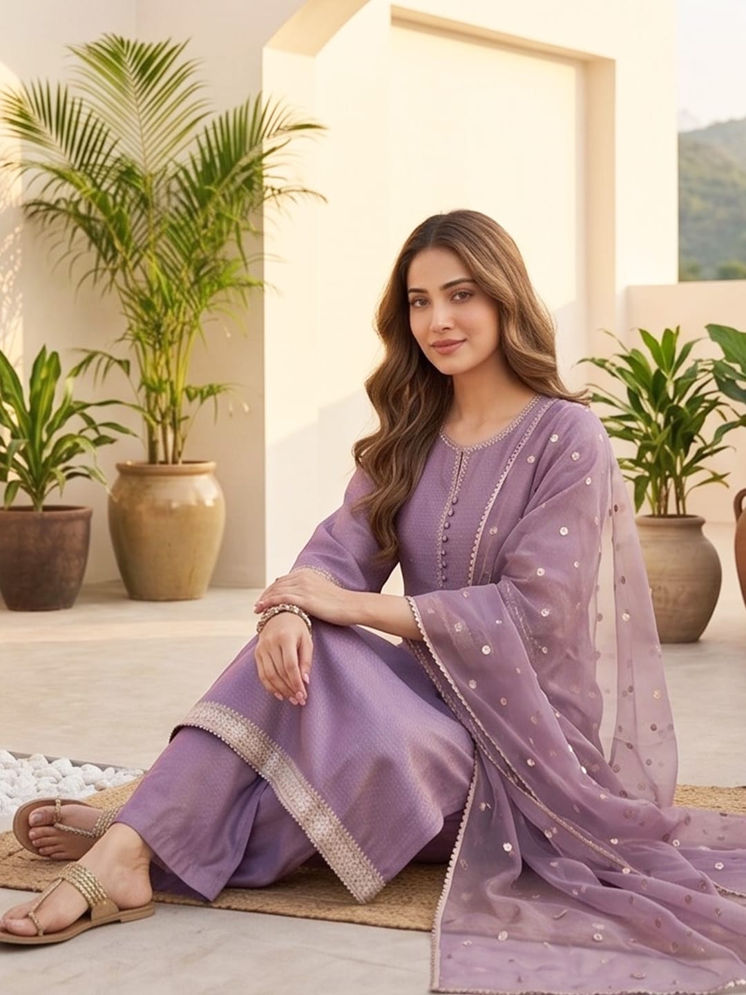Varanga Women Elegant Three-Piece Brown Shimmer Kurta Set With Solid Ankle-Length Trousers, And An Embroidered Dupatta