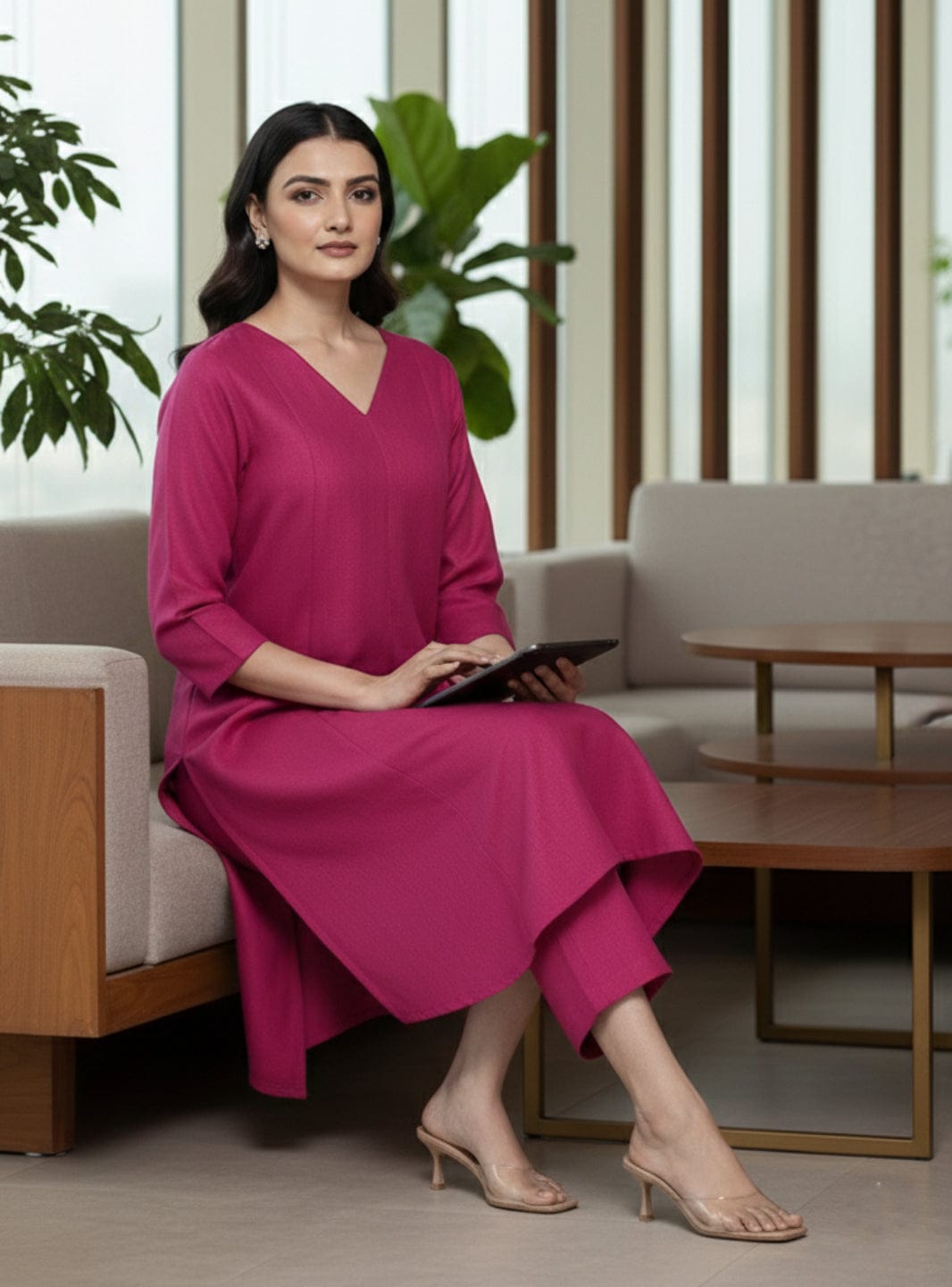 The Kurti Collection Women Magenta Solid A-Line Kurta Paired With Tonal Bottom