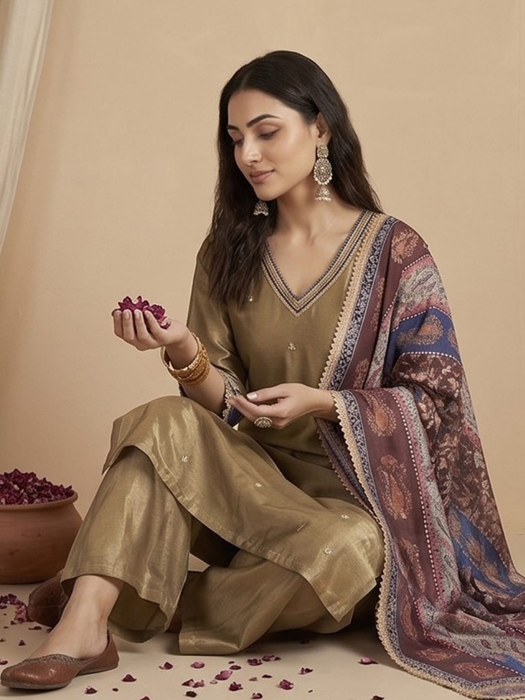The Kurti Collection Women Kurta Set With Intricate Lace Detailing And Solid Ankle-Length Trousers, And Printed Dupatta.