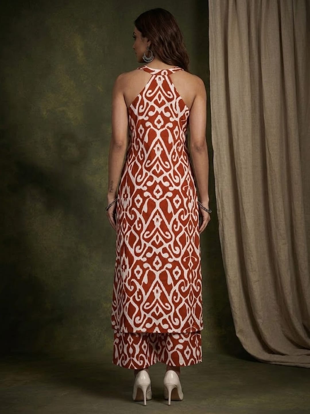 The Kurti Collection Women Red Ikat Printed Straight Kurta With Palazzo