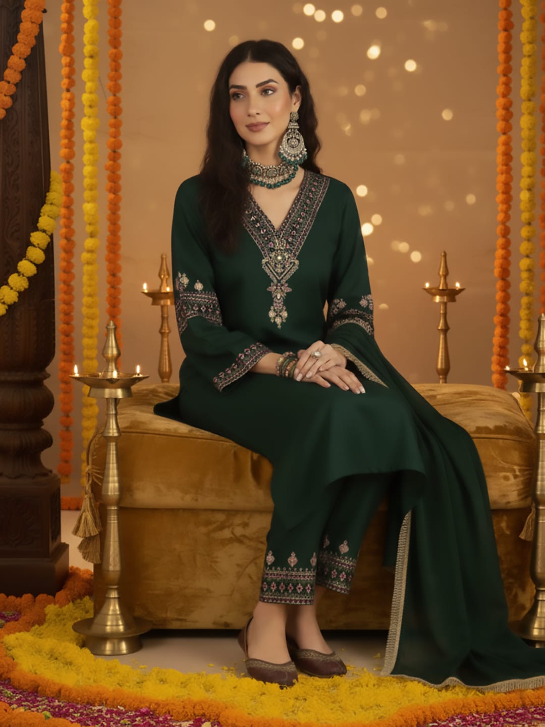 The Kurti Collection Women Green Embroidered Straight Kurta Paired With Tonal Embroidered Bottom And With Tonal Chiffon Dotted Dupatta