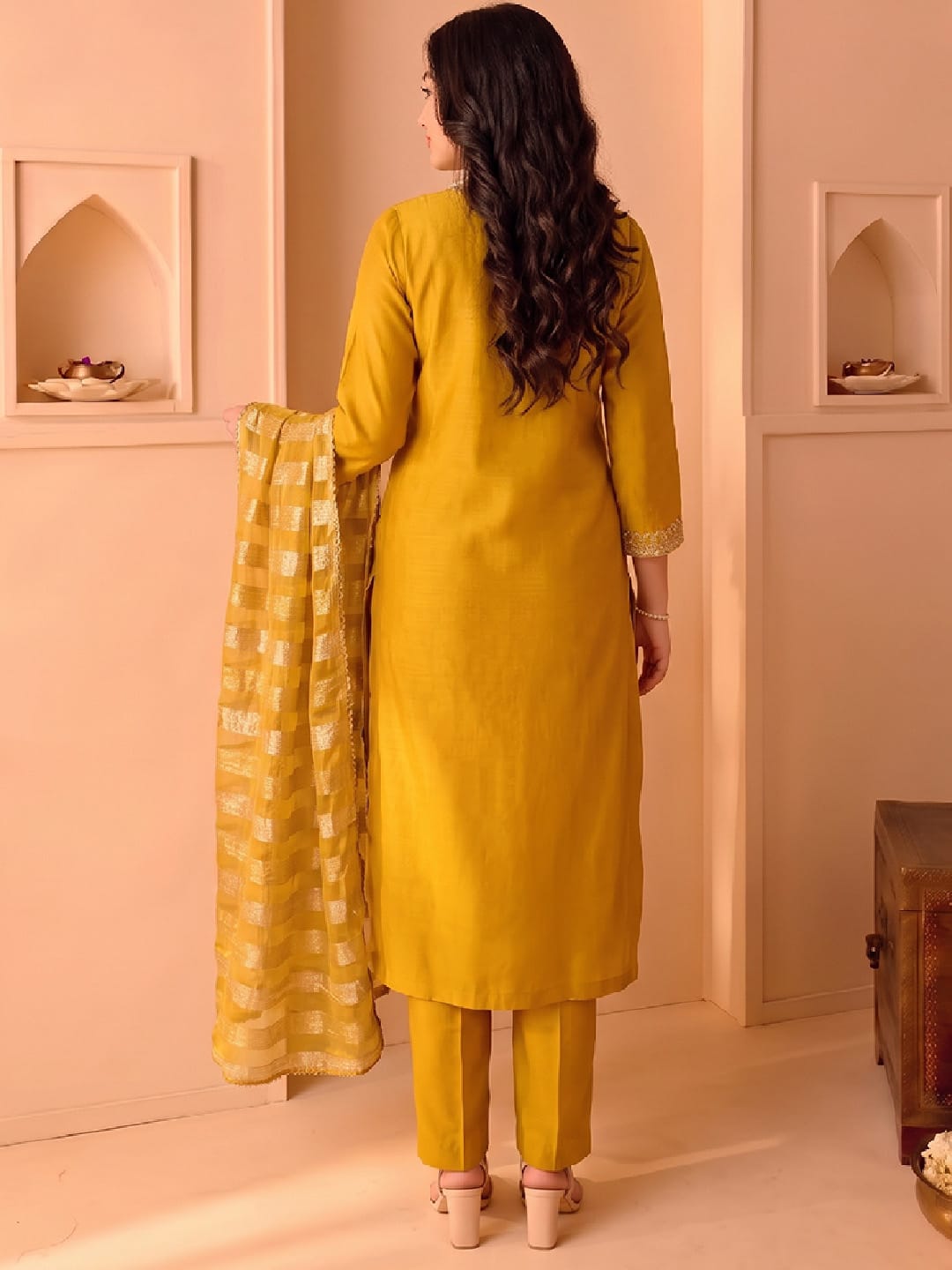 Mustard Embroidered Kurta Set, Paired With A Shiny Striped Dupatta