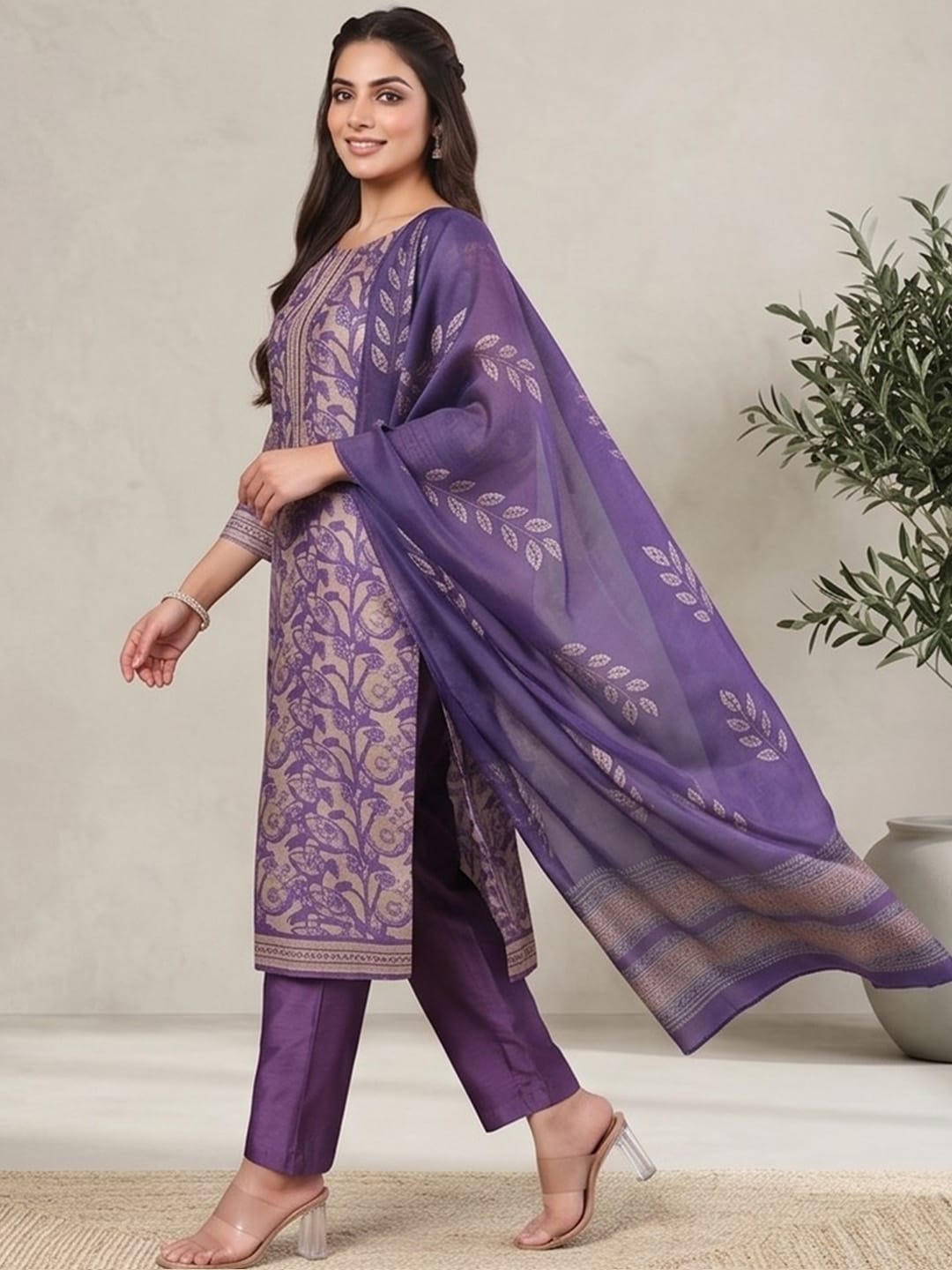 The Kurti Collection Women Purple Floral Printed Straight Kurta with Trouser and Printed Dupatta