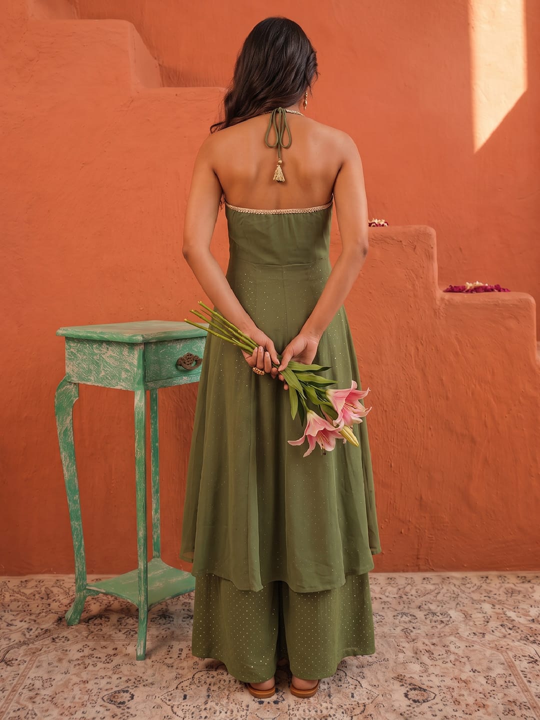 Olive Green Foil-Dot Anarkali Co-Ord Set