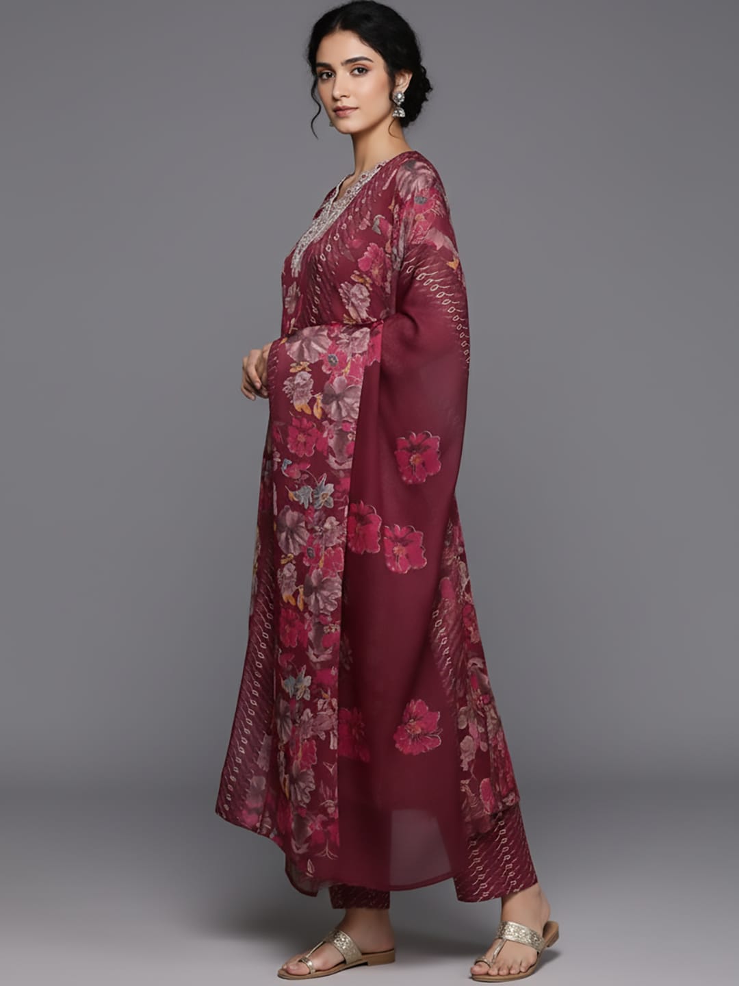 The Kurti Collection Women Maroon Floral Printed Embroidered Kurta Paired With Bottom And Dupatta