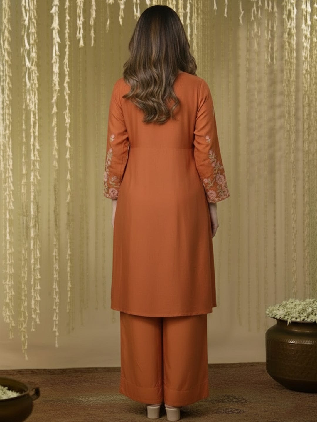Rust Embroidered Floral Kurta Set