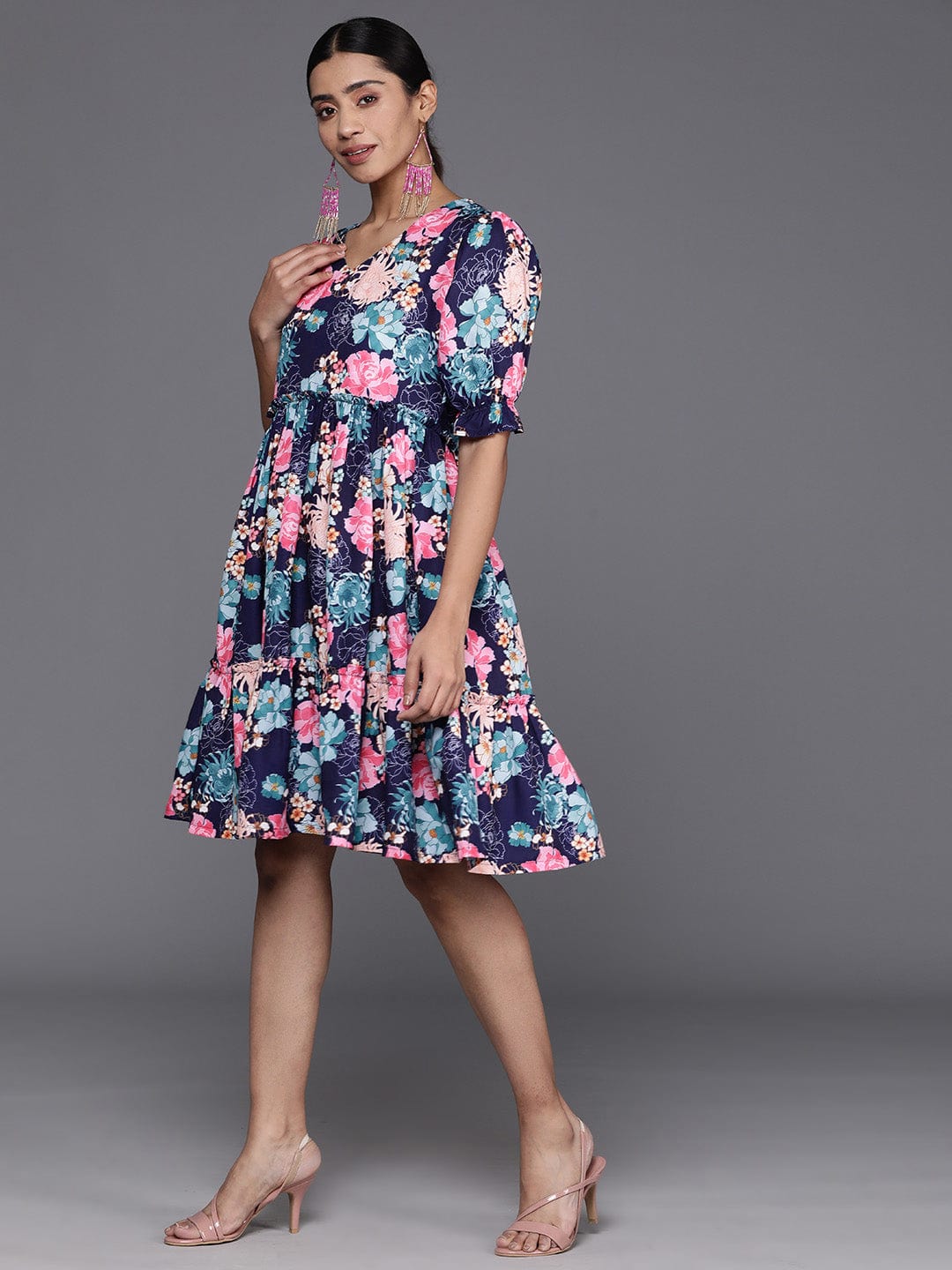 KSUT navy blue floral print puff sleeves tiered a line dress
