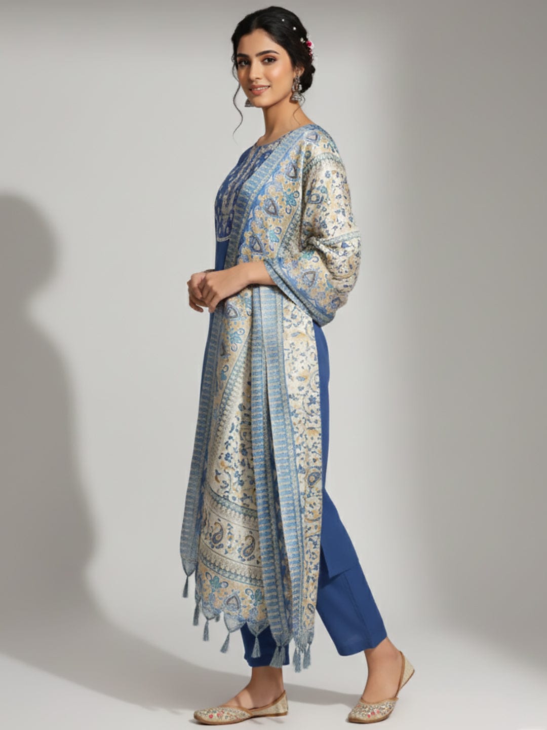 The Kurti Collection Women Embroidered Yoke Straight Kurta Paired With Tonal Bottom And Printed Bhagalpuri Dupatta