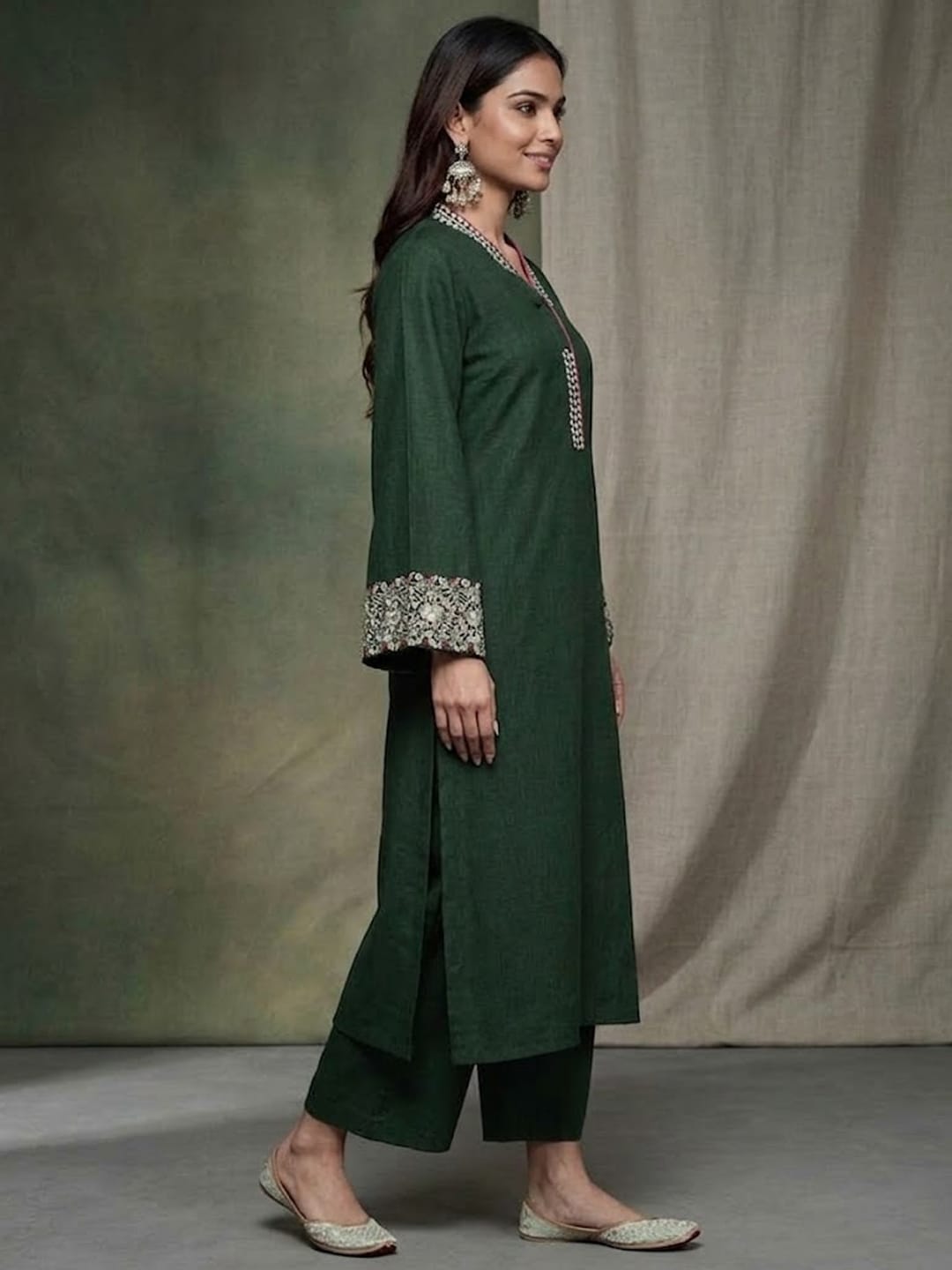 The Kurti Collection Women Green Embroidered Long & Flared Sleeves Kurta With Tonal Bottom