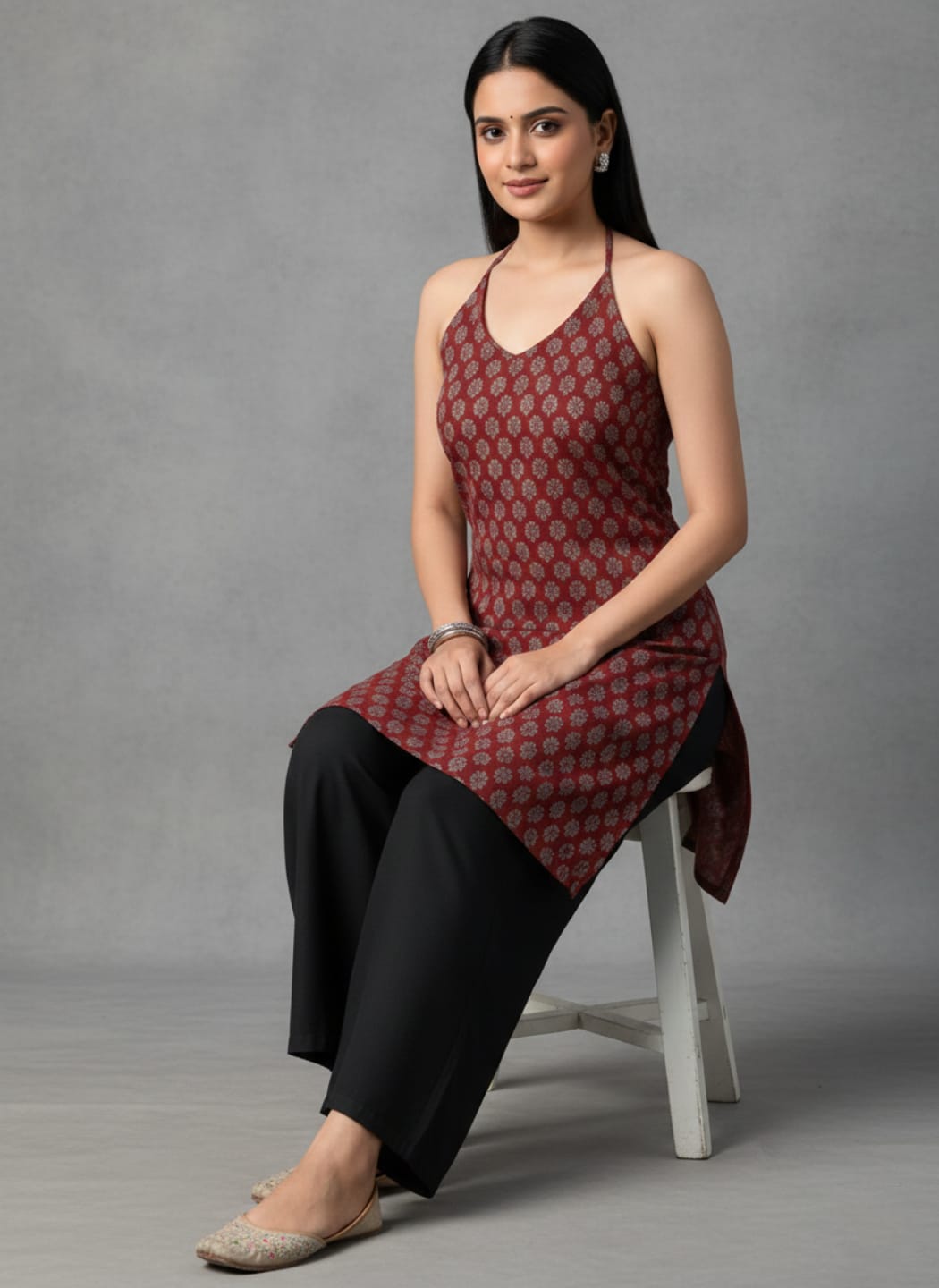 Rust Halter-Neck Backless Block Print Kurti